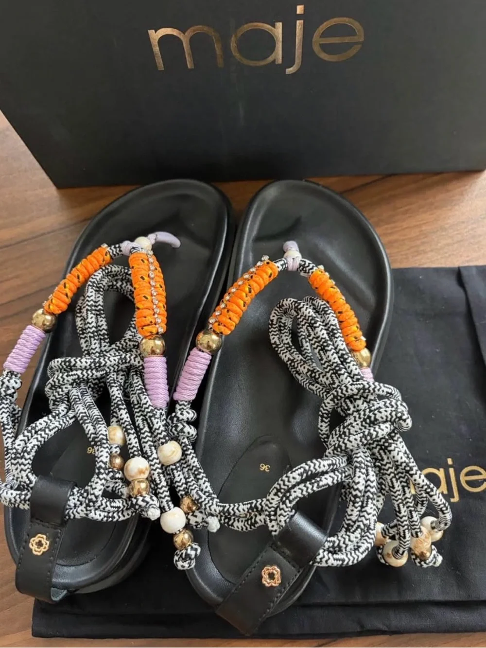 Maje Black Sandals with Orange and Lilac Rope Accents